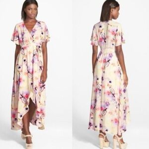 June + Hudson high/low hem wrap dress with abstract paint stroke print